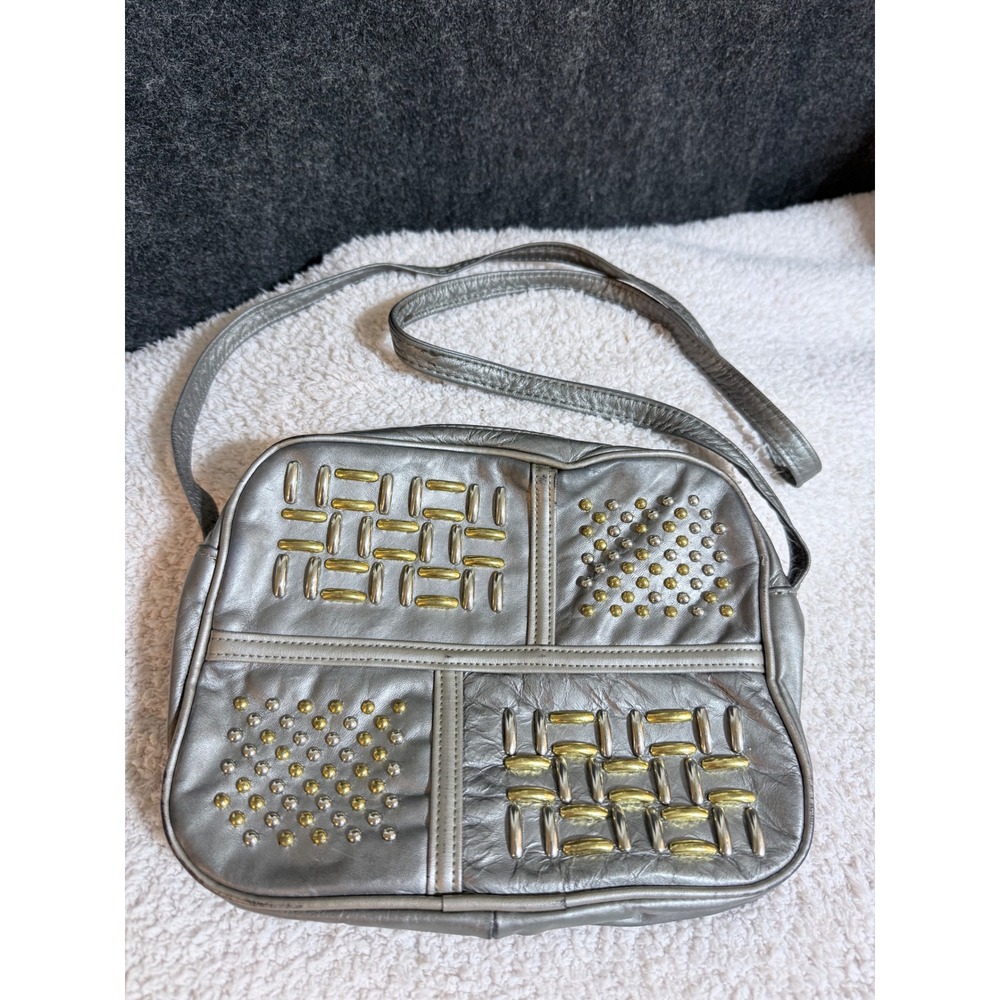 Vintage 80s Samir Handbags Silver Leather Purse Gold Studded Crossbody USA